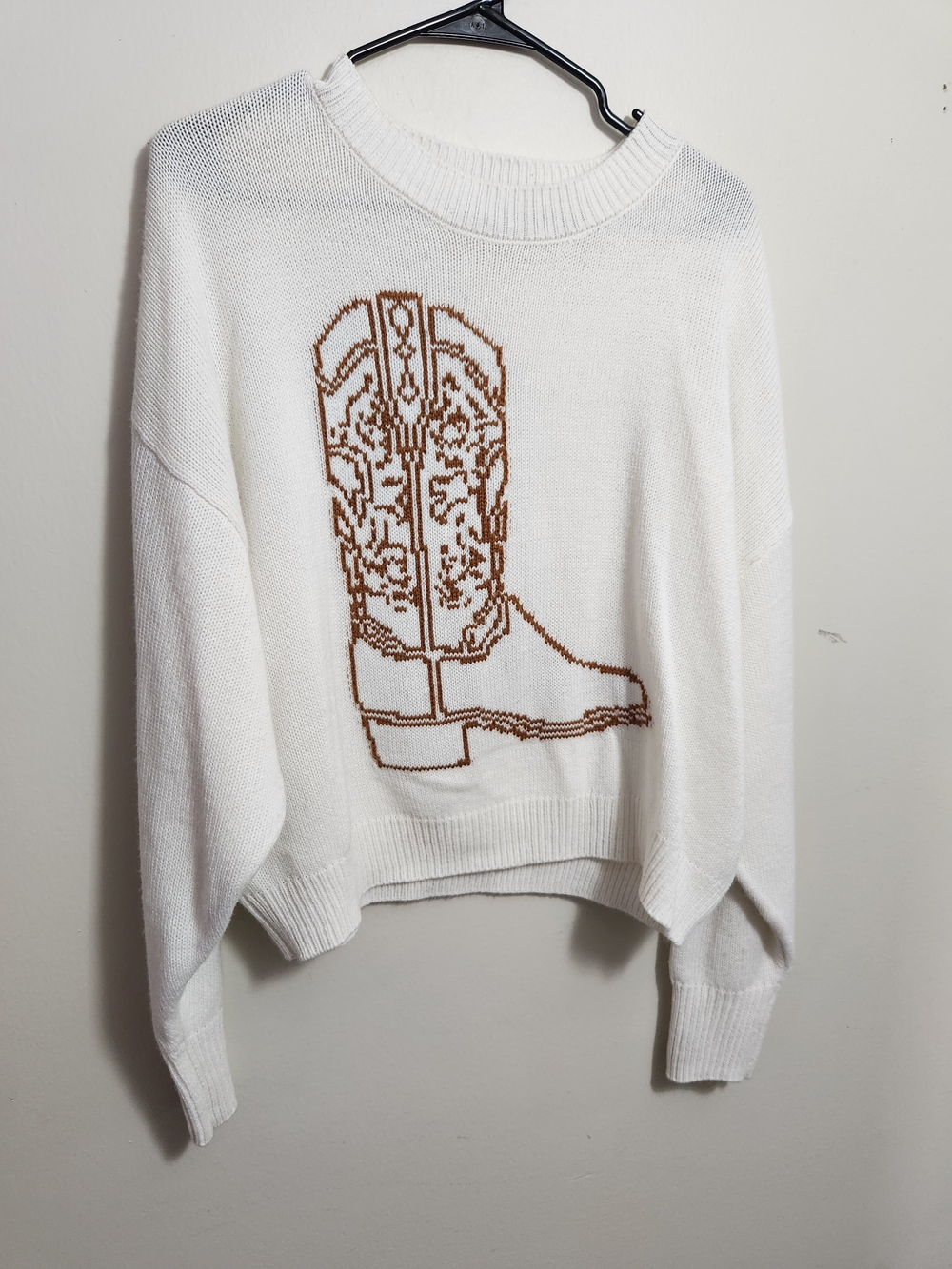 Wrangler White Knit Sweater with Brown Cowboy Boot Motif M Medium